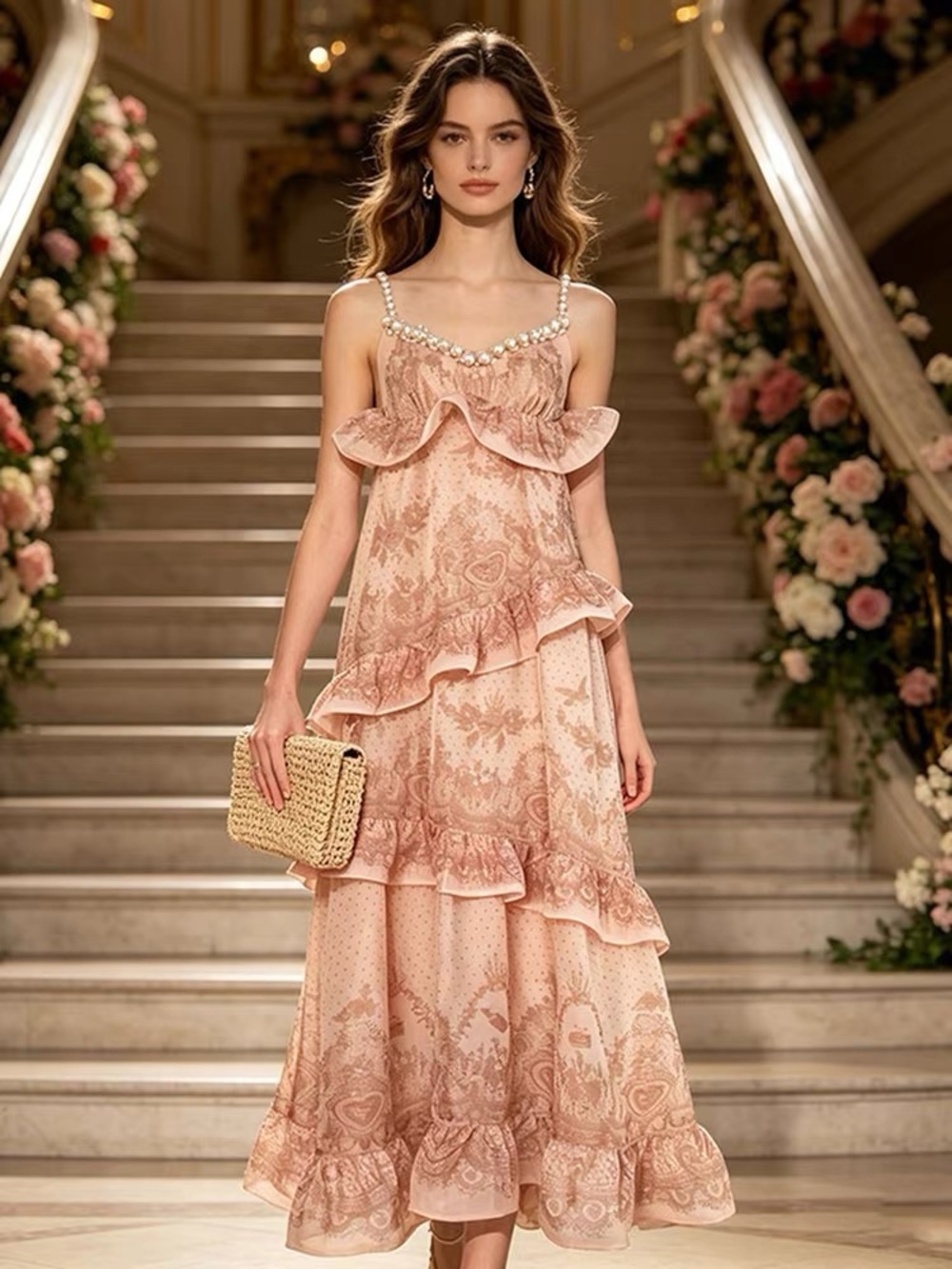 Stunning Designer Pink Chiffon Lace Pearl Maxi Dress